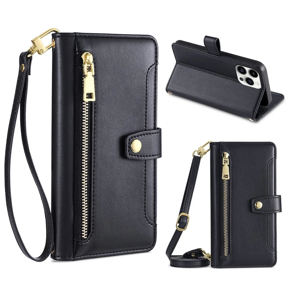 Leather Wallet Case for iPhone 15 Pro Max , Zipper Credit Card Slots Stand Phone Cover with Wrist Strap and Shoulder Strap - Black - 1