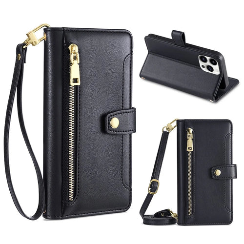 Leather Wallet Case for iPhone 15 Pro Max , Zipper Credit Card Slots Stand Phone Cover with Wrist Strap and Shoulder Strap - Black - 1