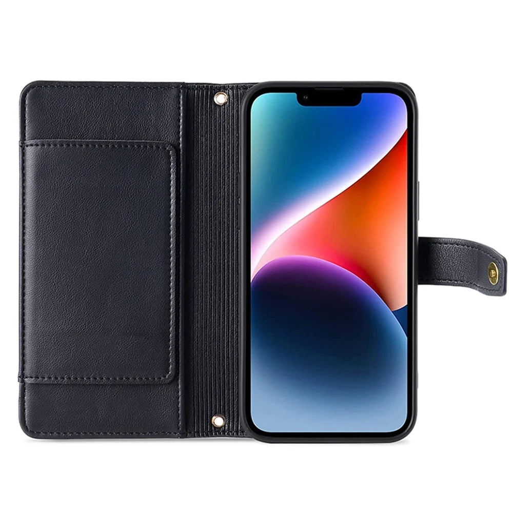 Leather Wallet Case for iPhone 15 Pro Max , Zipper Credit Card Slots Stand Phone Cover with Wrist Strap and Shoulder Strap - Black - 2