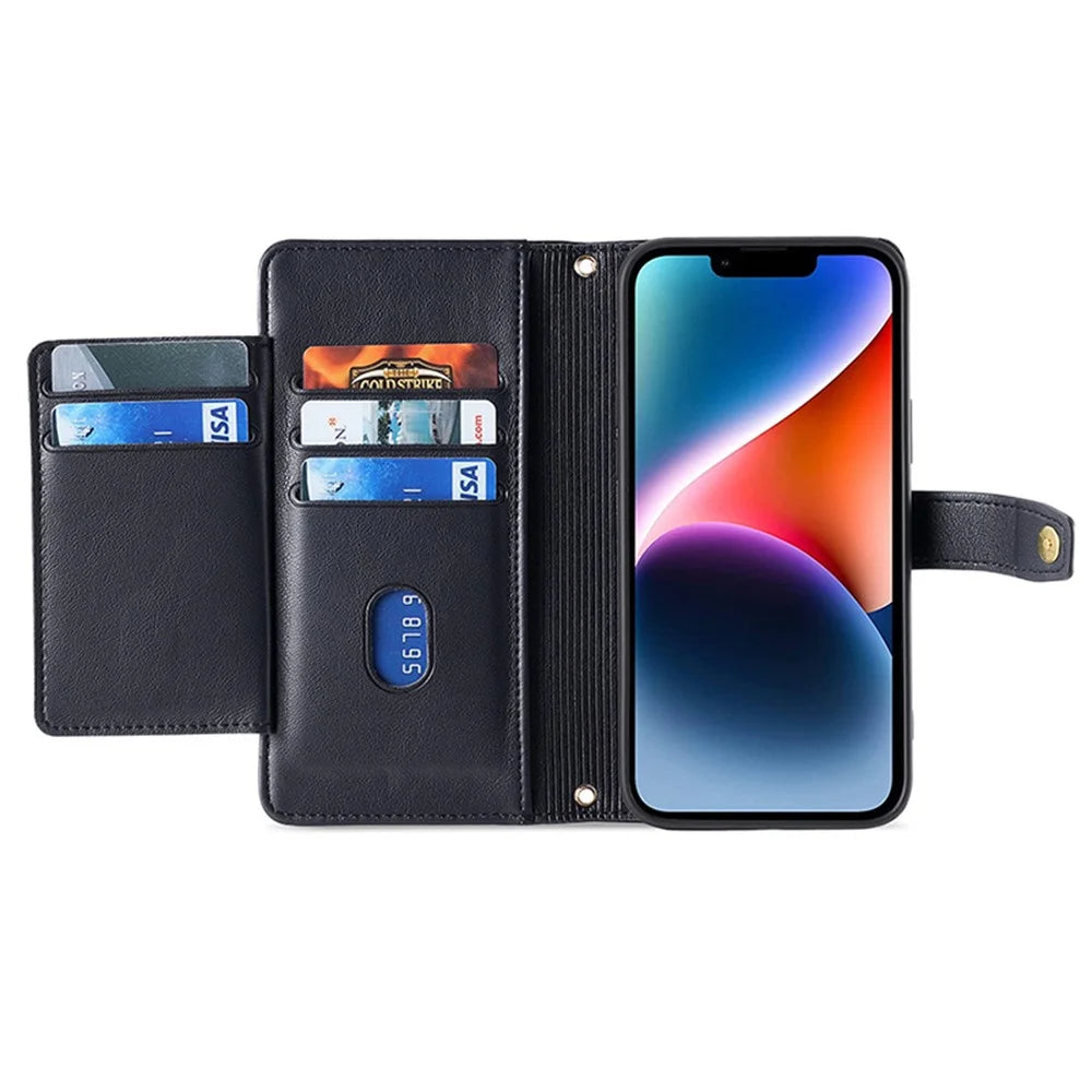 Leather Wallet Case for iPhone 15 Pro Max , Zipper Credit Card Slots Stand Phone Cover with Wrist Strap and Shoulder Strap - Black - 3