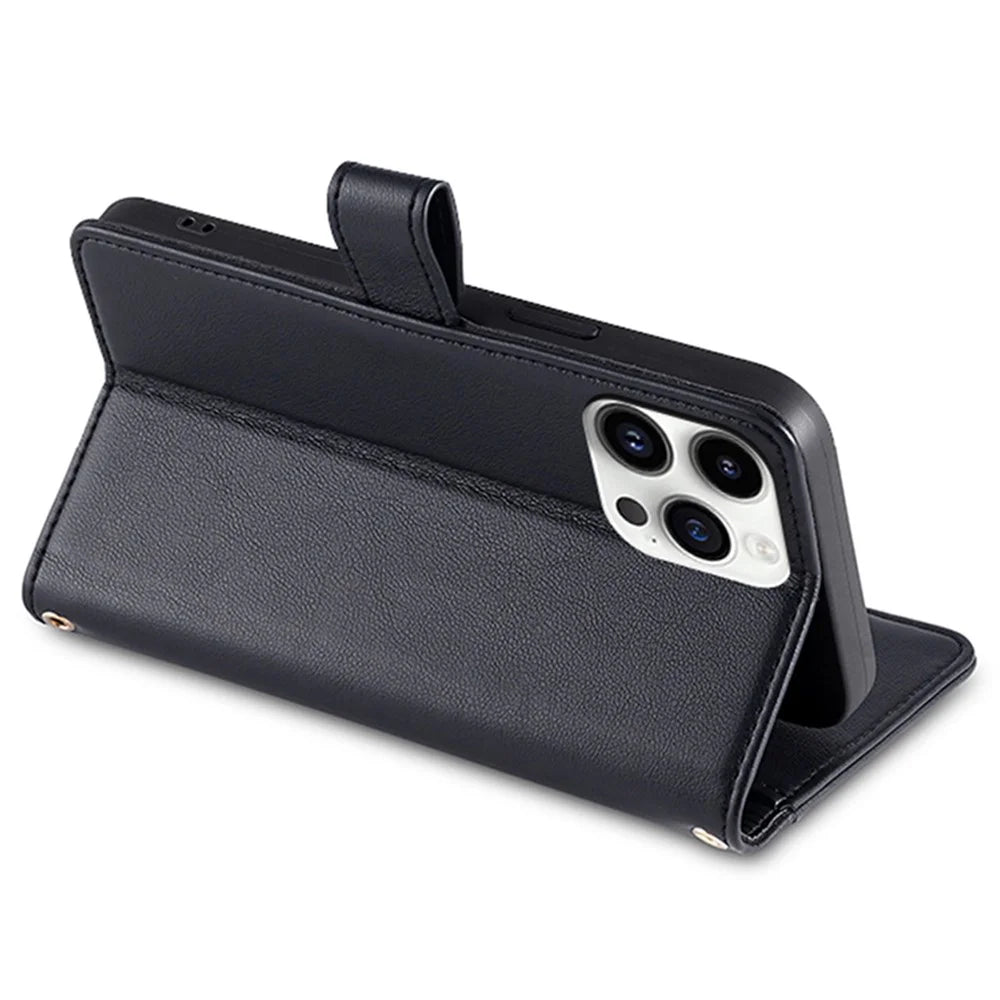 Leather Wallet Case for iPhone 15 Pro Max , Zipper Credit Card Slots Stand Phone Cover with Wrist Strap and Shoulder Strap - Black - 4