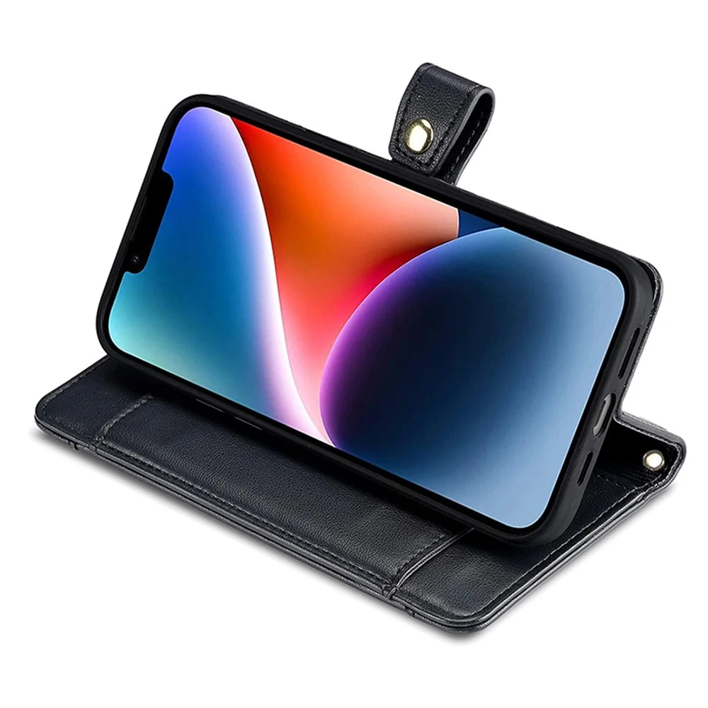 Leather Wallet Case for iPhone 15 Pro Max , Zipper Credit Card Slots Stand Phone Cover with Wrist Strap and Shoulder Strap - Black - 5