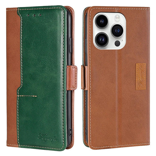 For iPhone 15 Pro Dual-color Flip PU Leather Case Stand Wallet Protective Phone Cover - Light Brown+Green - 1
