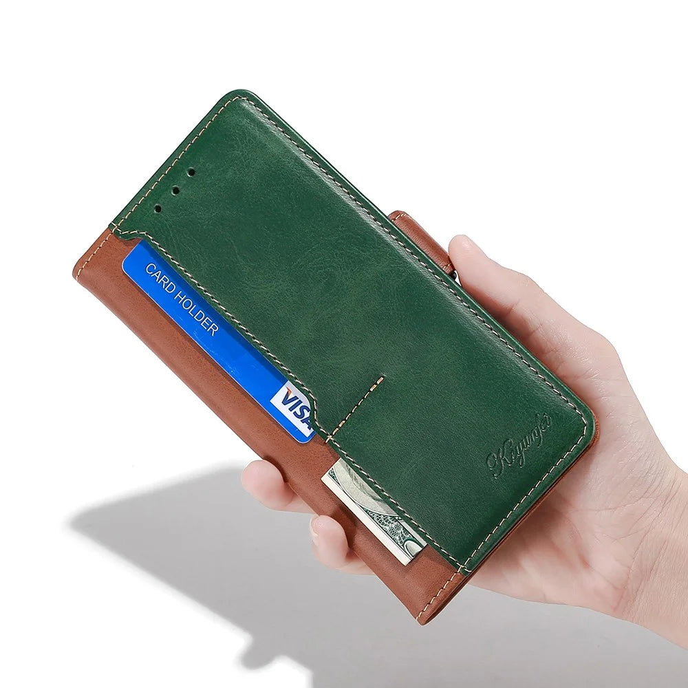 For iPhone 15 Pro Dual-color Flip PU Leather Case Stand Wallet Protective Phone Cover - Light Brown+Green - 4