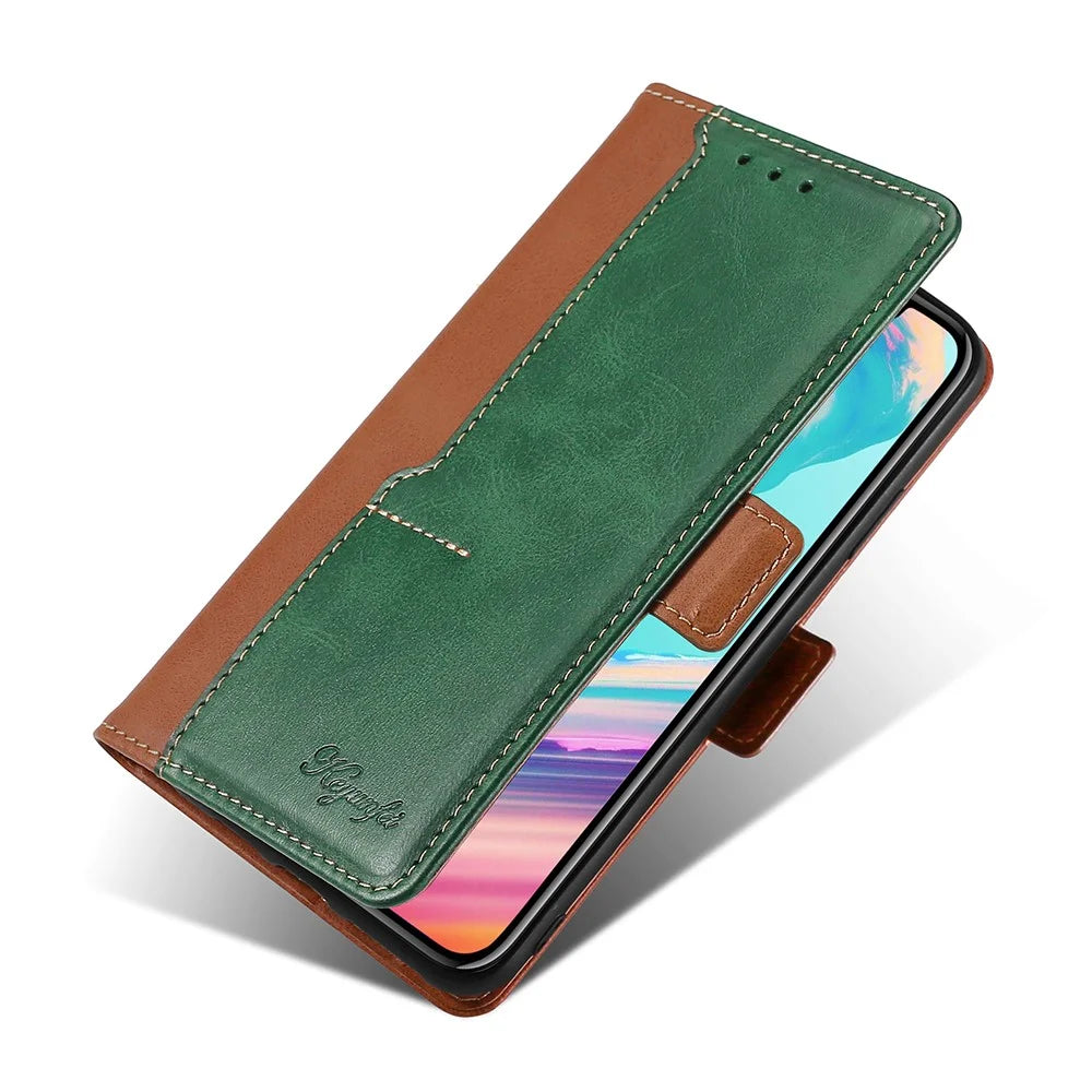 For iPhone 15 Pro Dual-color Flip PU Leather Case Stand Wallet Protective Phone Cover - Light Brown+Green - 5