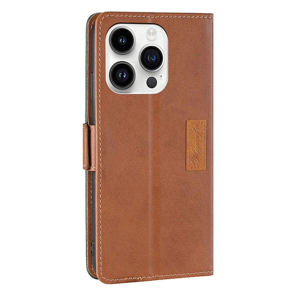 For iPhone 15 Pro Dual-color Flip PU Leather Case Stand Wallet Protective Phone Cover - Light Brown+Green - 7