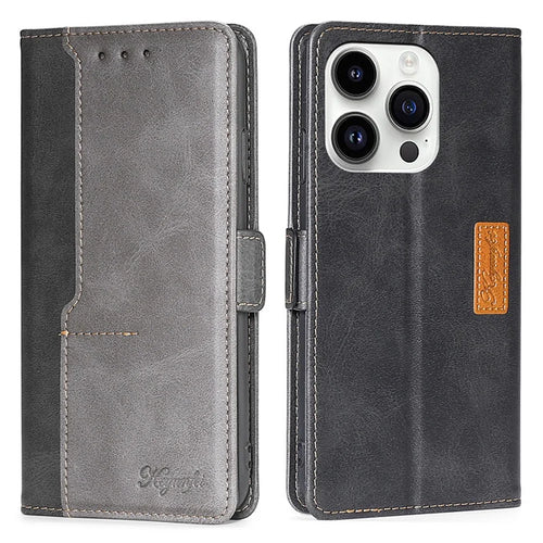 For iPhone 15 Pro Max Dual-color PU Leather Phone Case Stand Magnetic Closure Wallet Cover - Black+Grey - 1
