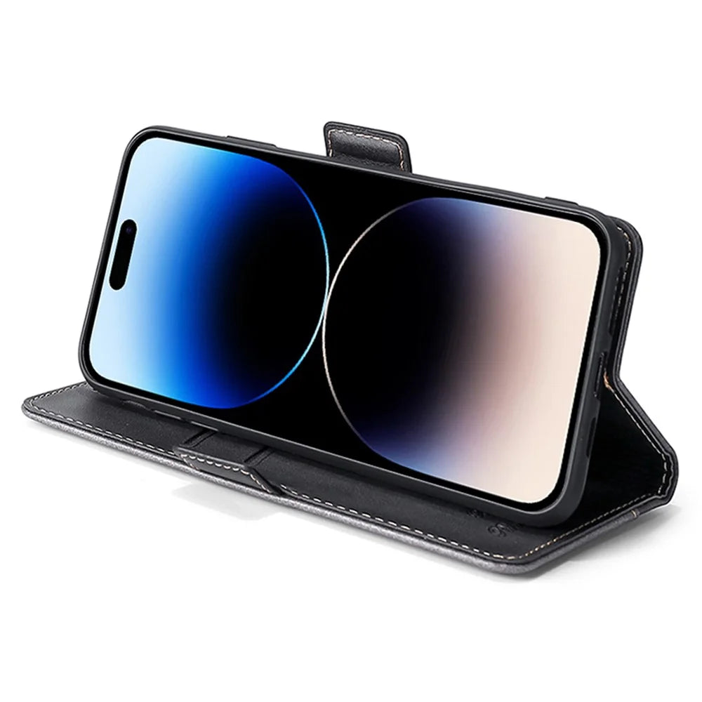For iPhone 15 Pro Max Dual-color PU Leather Phone Case Stand Magnetic Closure Wallet Cover - Black+Grey - 3