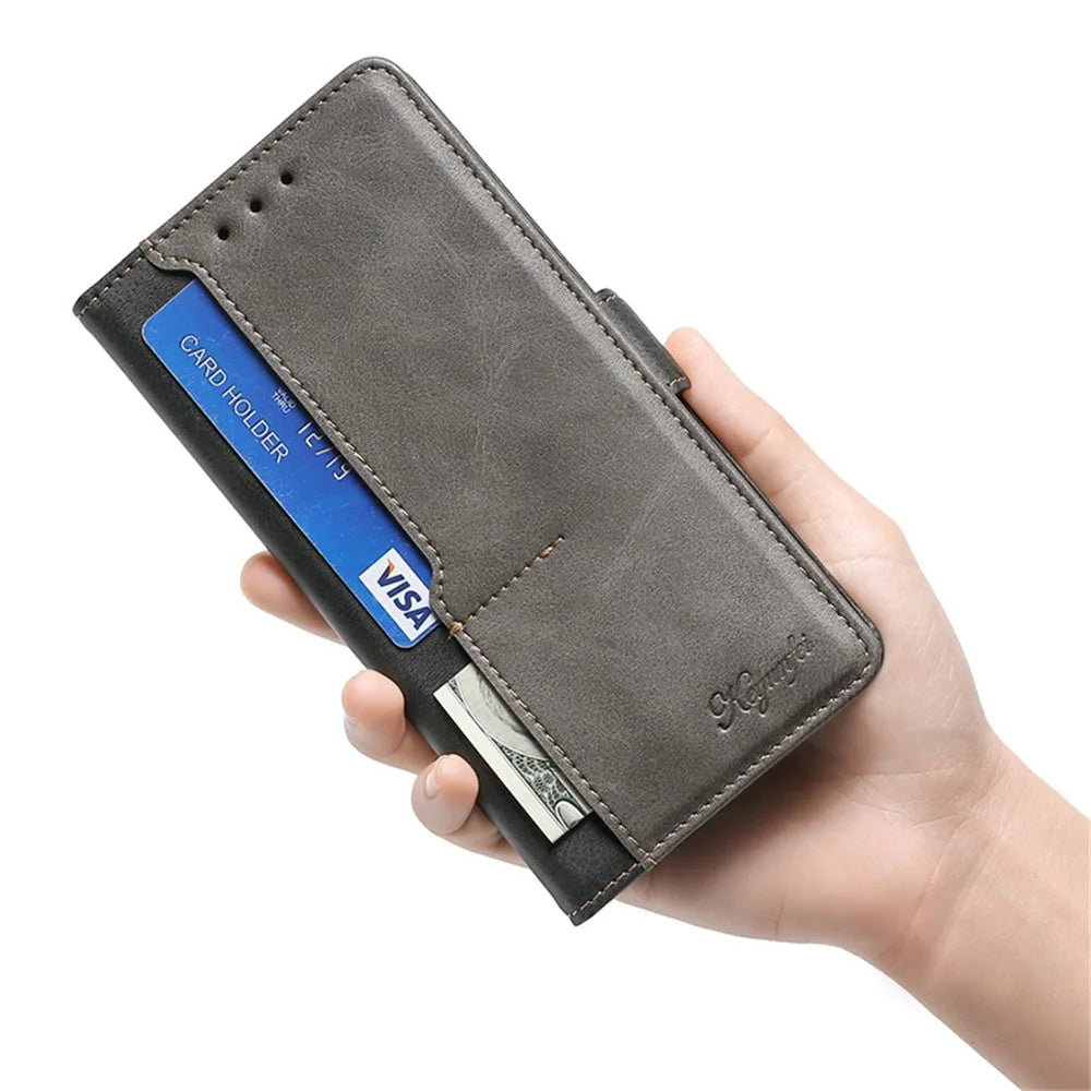 For iPhone 15 Pro Max Dual-color PU Leather Phone Case Stand Magnetic Closure Wallet Cover - Black+Grey - 4