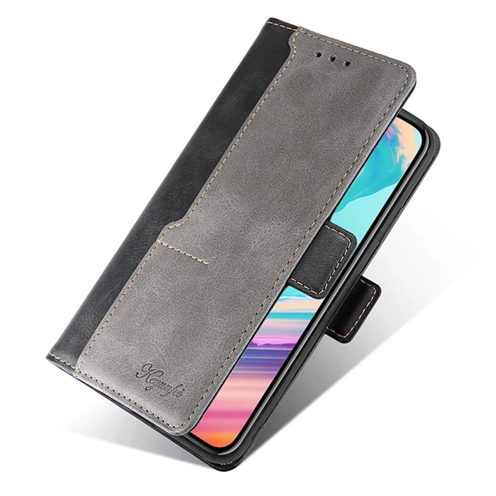 For iPhone 15 Pro Max Dual-color PU Leather Phone Case Stand Magnetic Closure Wallet Cover - Black+Grey - 5
