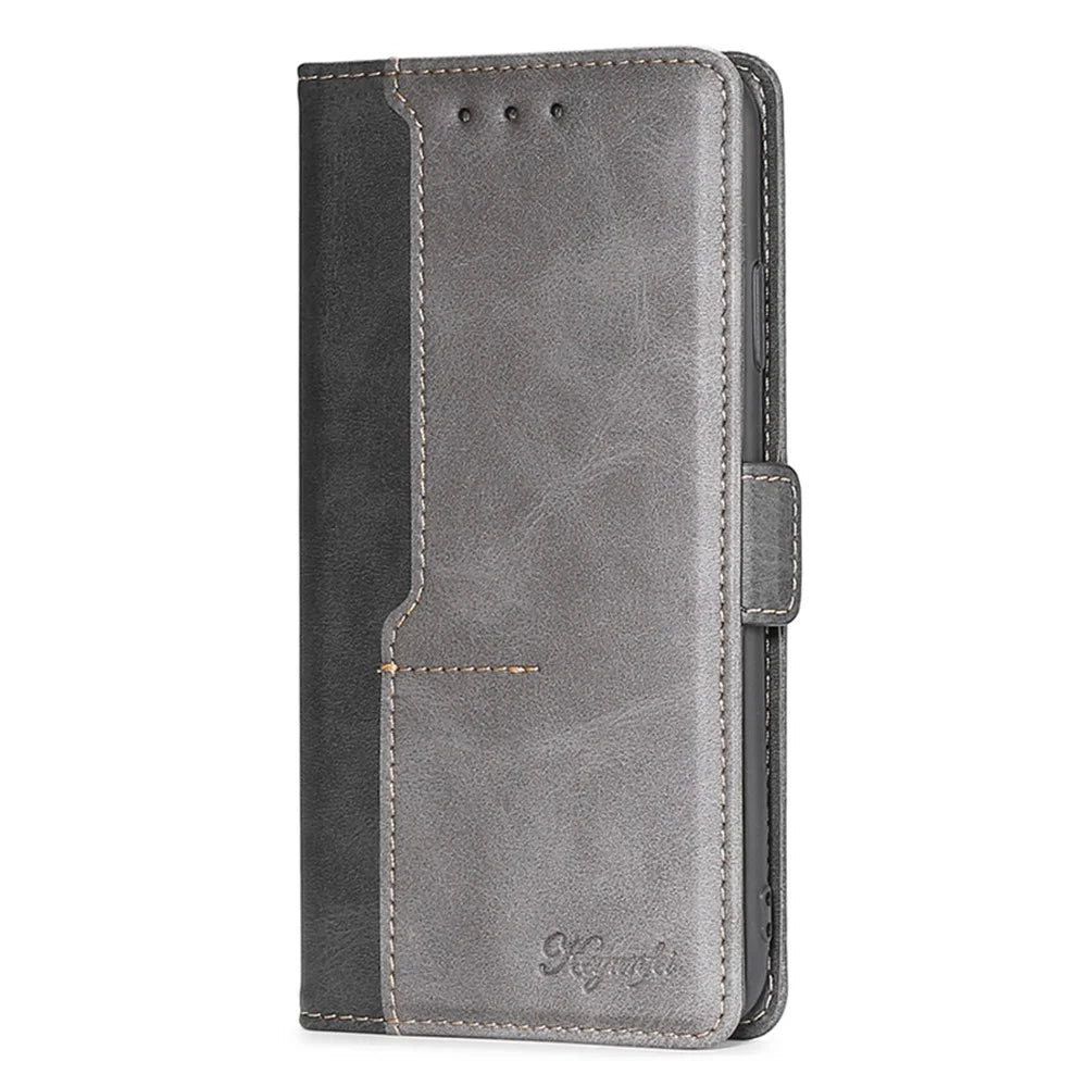 For iPhone 15 Pro Max Dual-color PU Leather Phone Case Stand Magnetic Closure Wallet Cover - Black+Grey - 6