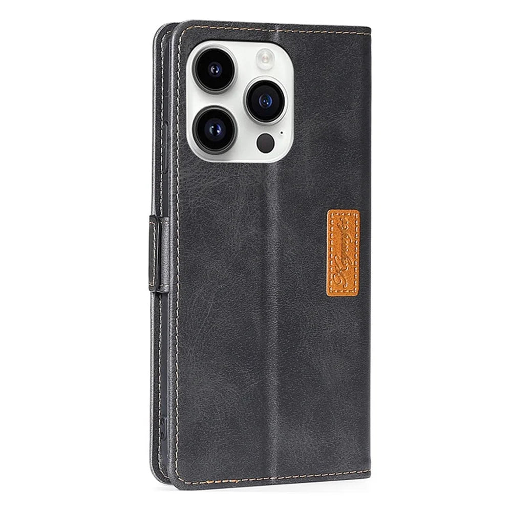 For iPhone 15 Pro Max Dual-color PU Leather Phone Case Stand Magnetic Closure Wallet Cover - Black+Grey - 7