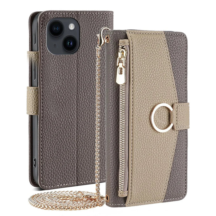 For iPhone 15 Plus Ring Holder Cell Phone Case PU Leather Wallet Stand Cover with Makeup Mirror / Shoulder Strap - Grey - 1