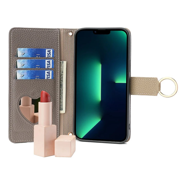 For iPhone 15 Plus Ring Holder Cell Phone Case PU Leather Wallet Stand Cover with Makeup Mirror / Shoulder Strap - Grey - 2