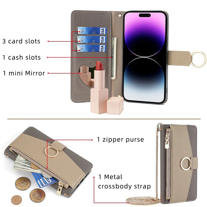 For iPhone 15 Plus Ring Holder Cell Phone Case PU Leather Wallet Stand Cover with Makeup Mirror / Shoulder Strap - Grey - 4