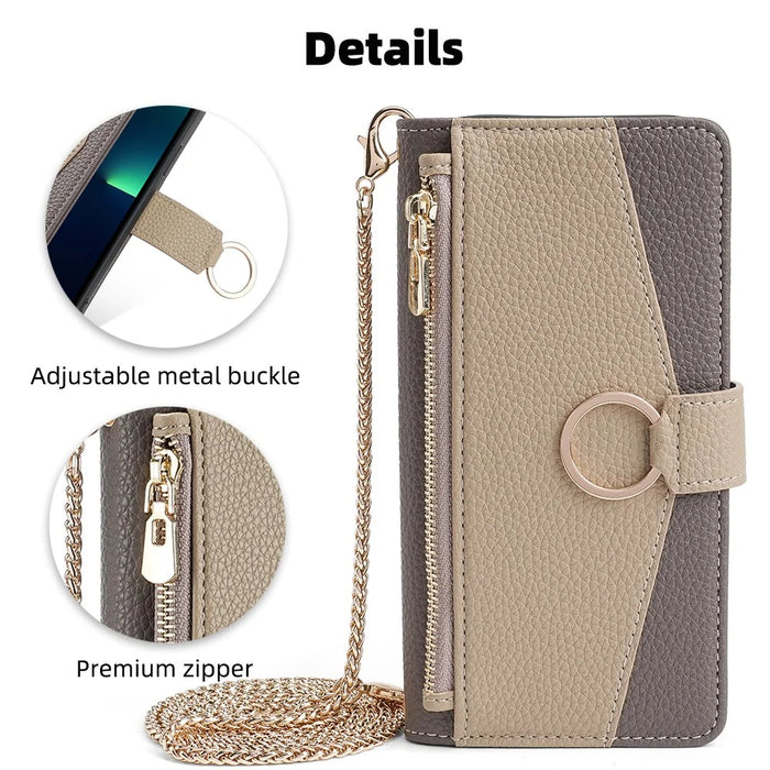 For iPhone 15 Plus Ring Holder Cell Phone Case PU Leather Wallet Stand Cover with Makeup Mirror / Shoulder Strap - Grey - 5