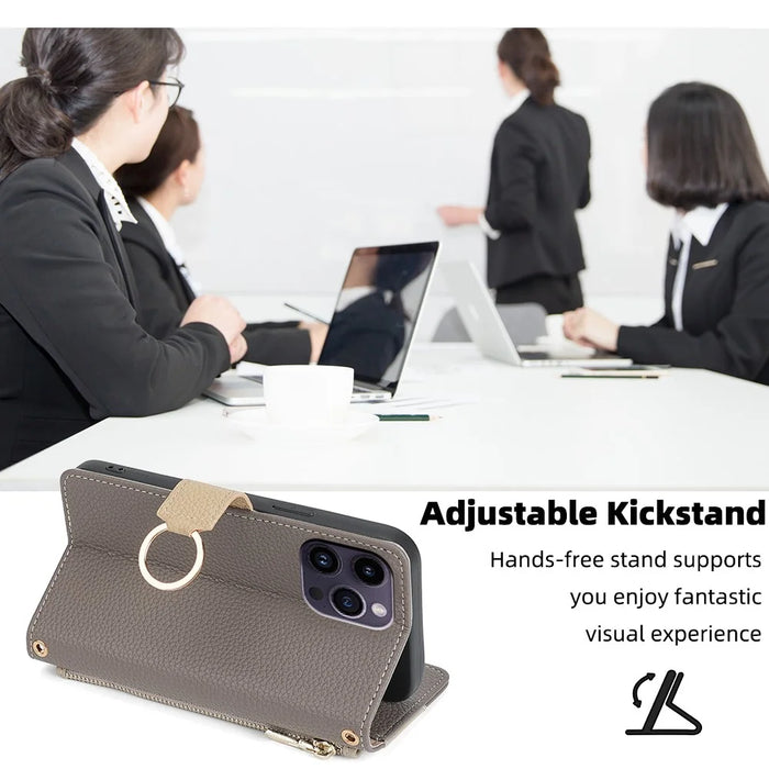 For iPhone 15 Plus Ring Holder Cell Phone Case PU Leather Wallet Stand Cover with Makeup Mirror / Shoulder Strap - Grey - 7