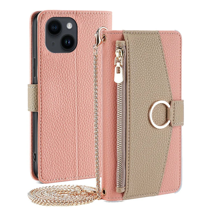 Crossbody Wallet Case for iPhone 15 , Ring Holder PU Leather Stand Phone Cover with Makeup Mirror / Shoulder Strap - Pink - 1