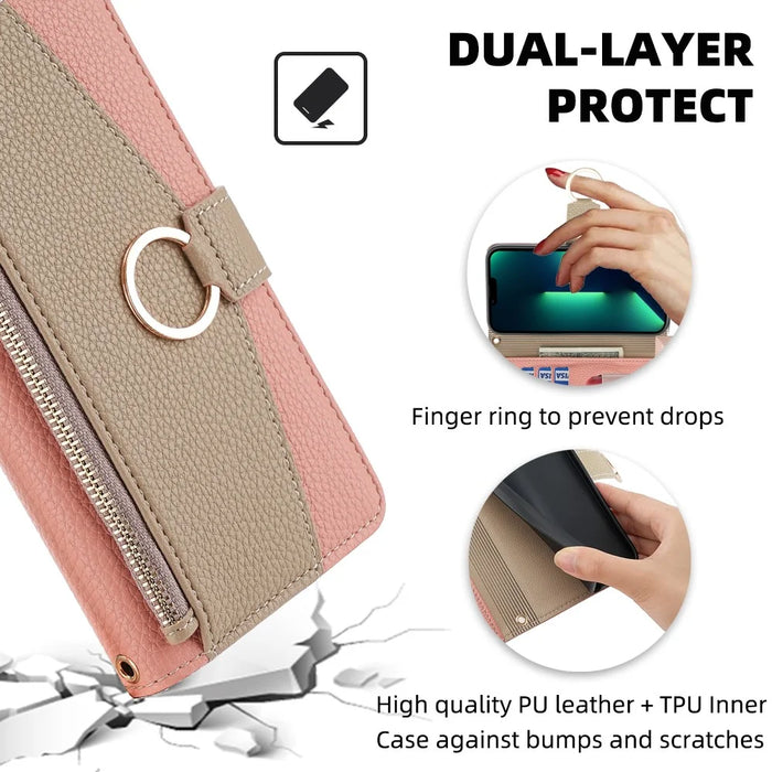 Crossbody Wallet Case for iPhone 15 , Ring Holder PU Leather Stand Phone Cover with Makeup Mirror / Shoulder Strap - Pink - 6
