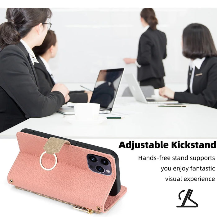 Crossbody Wallet Case for iPhone 15 , Ring Holder PU Leather Stand Phone Cover with Makeup Mirror / Shoulder Strap - Pink - 7