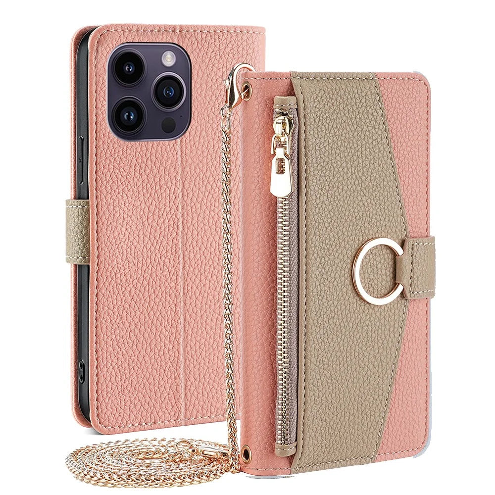 For iPhone 15 Pro Max PU Leather Wallet Case Stand Ring Holder Protective Phone Cover with Makeup Mirror / Shoulder Strap - Pink - 1