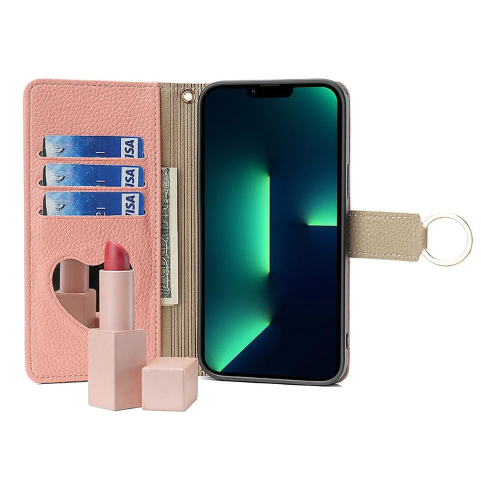 For iPhone 15 Pro Max PU Leather Wallet Case Stand Ring Holder Protective Phone Cover with Makeup Mirror / Shoulder Strap - Pink - 2