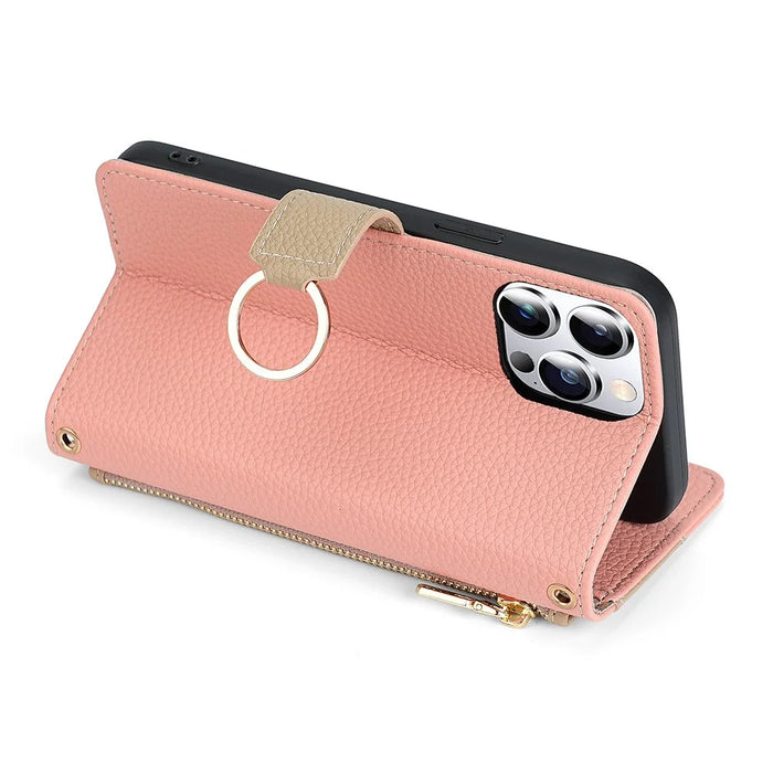 For iPhone 15 Pro Max PU Leather Wallet Case Stand Ring Holder Protective Phone Cover with Makeup Mirror / Shoulder Strap - Pink - 4