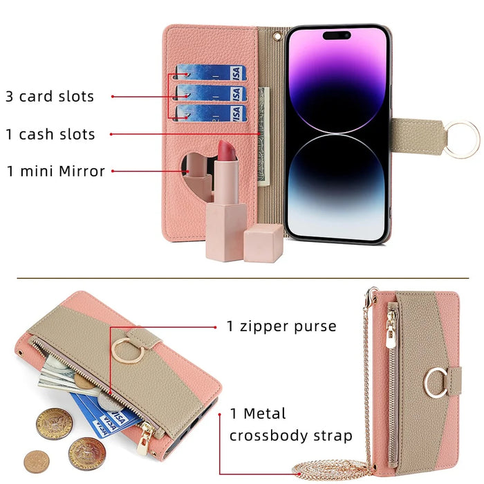 For iPhone 15 Pro Max PU Leather Wallet Case Stand Ring Holder Protective Phone Cover with Makeup Mirror / Shoulder Strap - Pink - 5