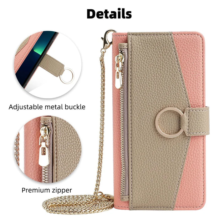 For iPhone 15 Pro Max PU Leather Wallet Case Stand Ring Holder Protective Phone Cover with Makeup Mirror / Shoulder Strap - Pink - 6