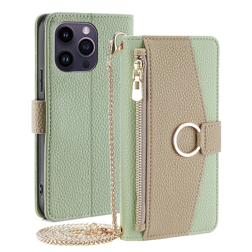 For iPhone 15 Pro PU Leather Ring Holder Phone Case Wallet Stand Full Protection Cover with Makeup Mirror / Shoulder Strap - Green - 1