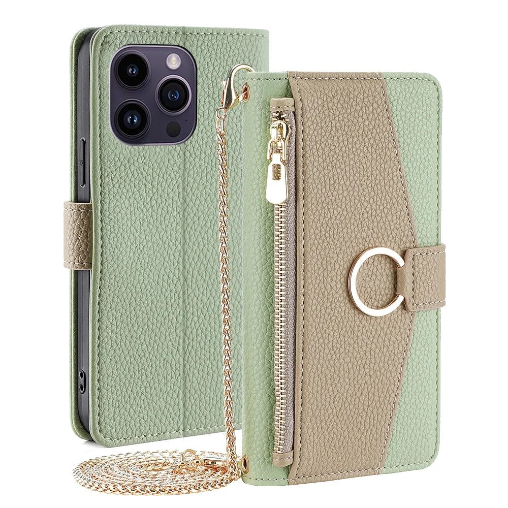 For iPhone 15 Pro PU Leather Ring Holder Phone Case Wallet Stand Full Protection Cover with Makeup Mirror / Shoulder Strap - Green - 1