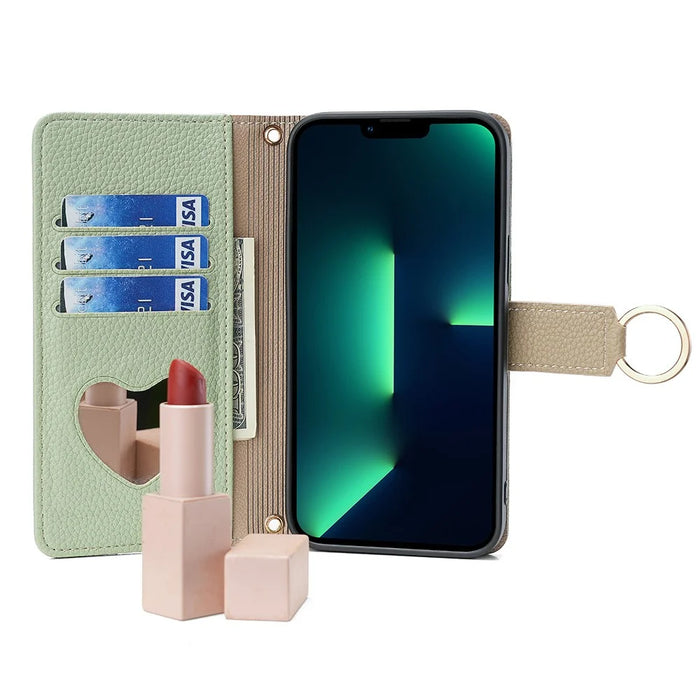 For iPhone 15 Pro PU Leather Ring Holder Phone Case Wallet Stand Full Protection Cover with Makeup Mirror / Shoulder Strap - Green - 2