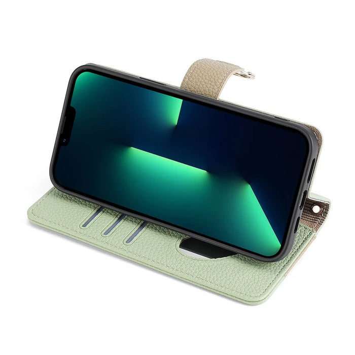For iPhone 15 Pro PU Leather Ring Holder Phone Case Wallet Stand Full Protection Cover with Makeup Mirror / Shoulder Strap - Green - 3