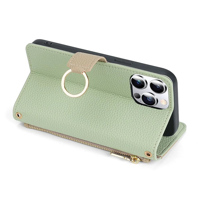 For iPhone 15 Pro PU Leather Ring Holder Phone Case Wallet Stand Full Protection Cover with Makeup Mirror / Shoulder Strap - Green - 4