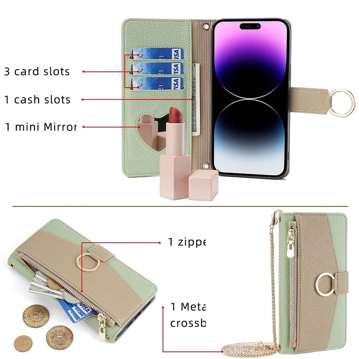 For iPhone 15 Pro PU Leather Ring Holder Phone Case Wallet Stand Full Protection Cover with Makeup Mirror / Shoulder Strap - Green - 5
