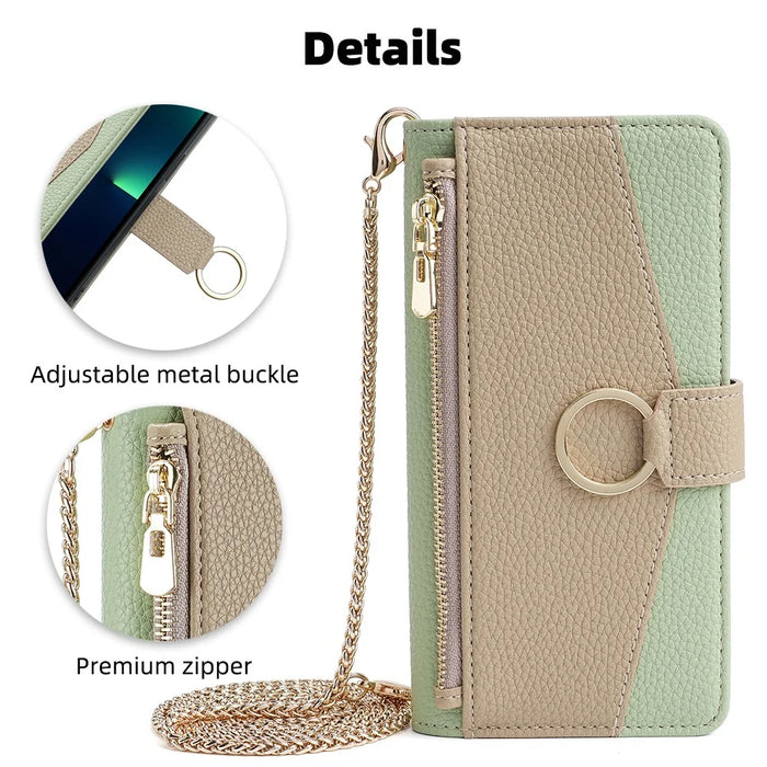 For iPhone 15 Pro PU Leather Ring Holder Phone Case Wallet Stand Full Protection Cover with Makeup Mirror / Shoulder Strap - Green - 6