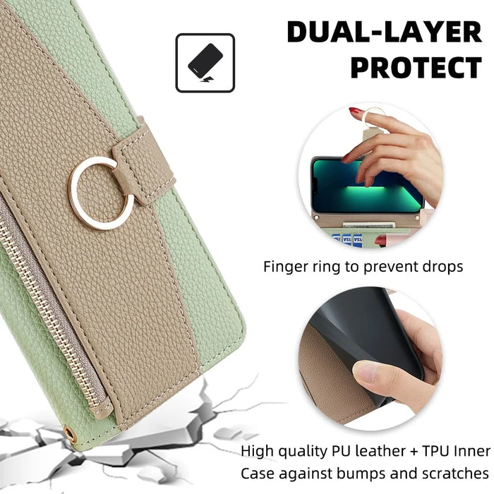 For iPhone 15 Pro PU Leather Ring Holder Phone Case Wallet Stand Full Protection Cover with Makeup Mirror / Shoulder Strap - Green - 7