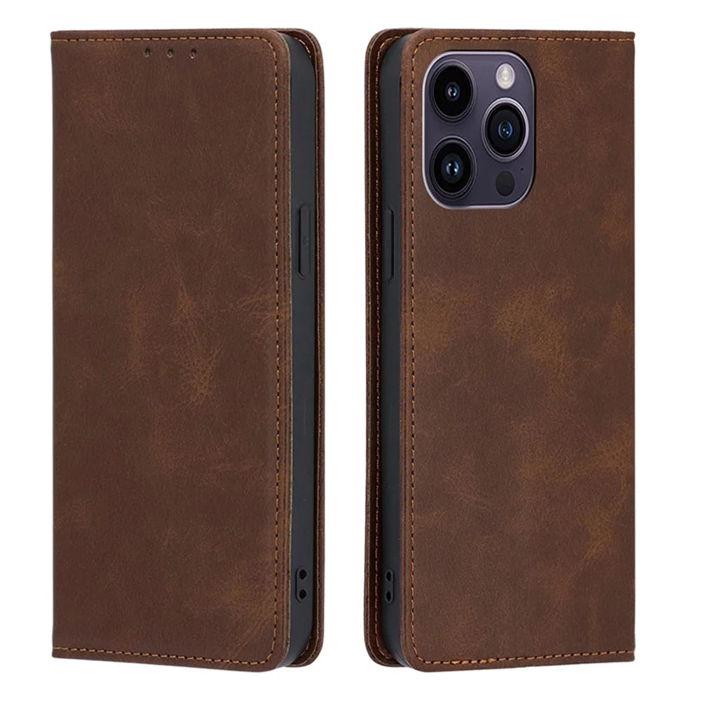 Leather Case for iPhone 15 Pro Max Calf Texture Wallet Stand Drop-proof Phone Cover - Brown - 1