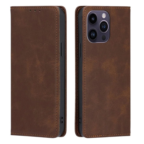 Leather Case for iPhone 15 Pro Max Calf Texture Wallet Stand Drop-proof Phone Cover - Brown - 1