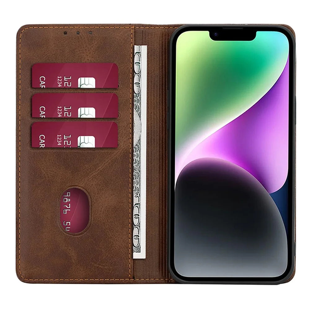 Leather Case for iPhone 15 Pro Max Calf Texture Wallet Stand Drop-proof Phone Cover - Brown - 2