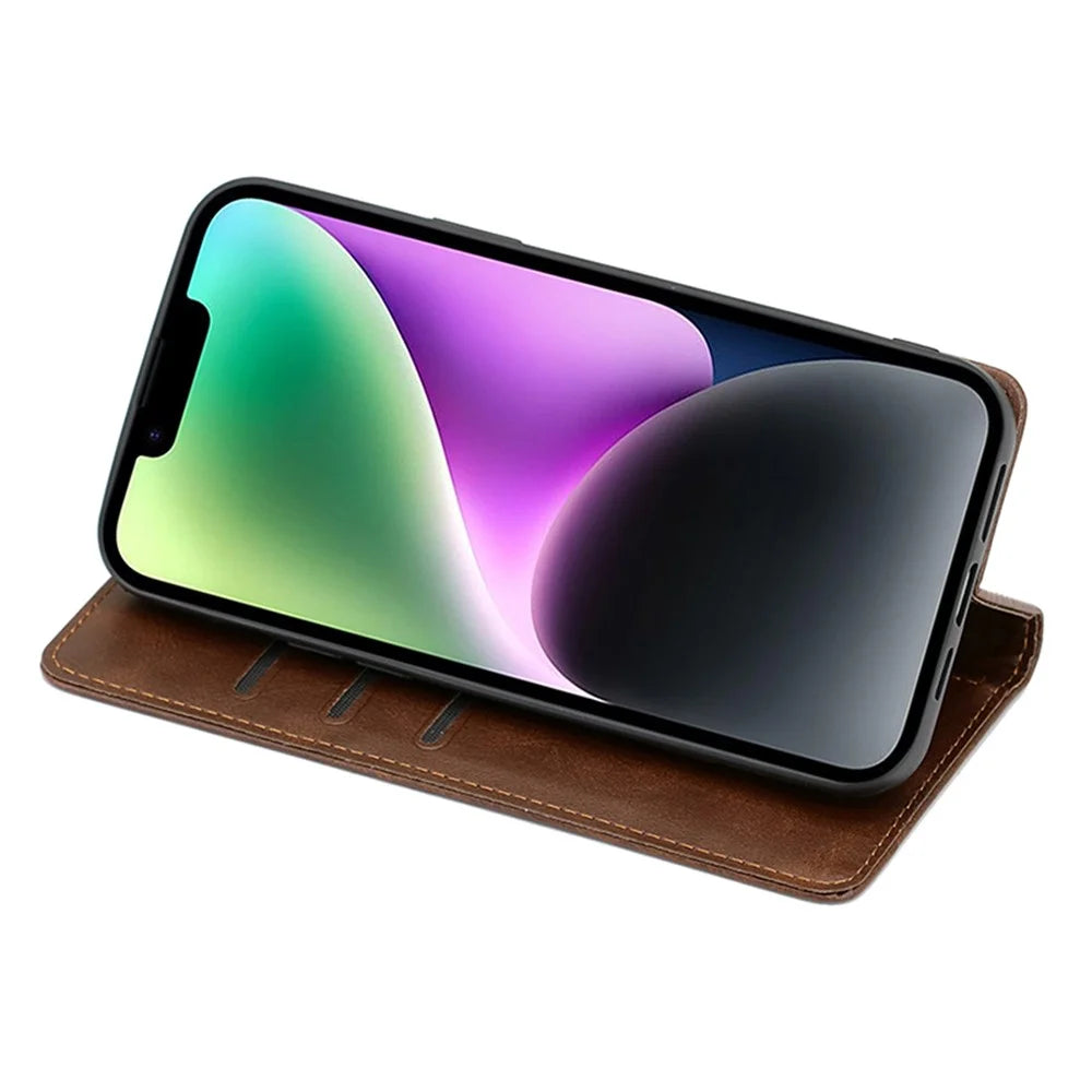 Leather Case for iPhone 15 Pro Max Calf Texture Wallet Stand Drop-proof Phone Cover - Brown - 3