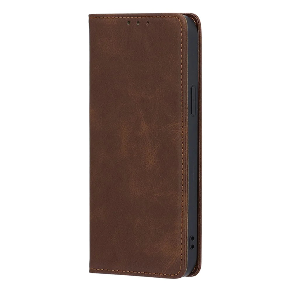 Leather Case for iPhone 15 Pro Max Calf Texture Wallet Stand Drop-proof Phone Cover - Brown - 5