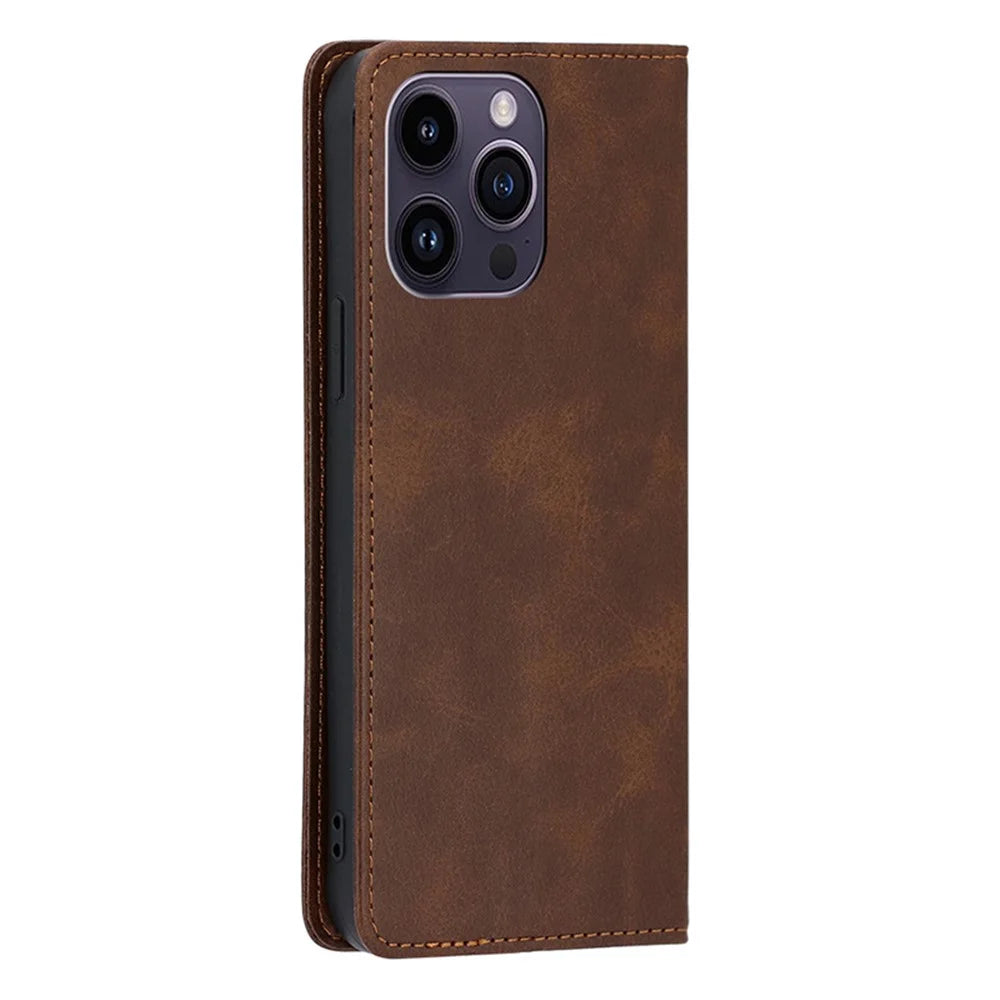 Leather Case for iPhone 15 Pro Max Calf Texture Wallet Stand Drop-proof Phone Cover - Brown - 6