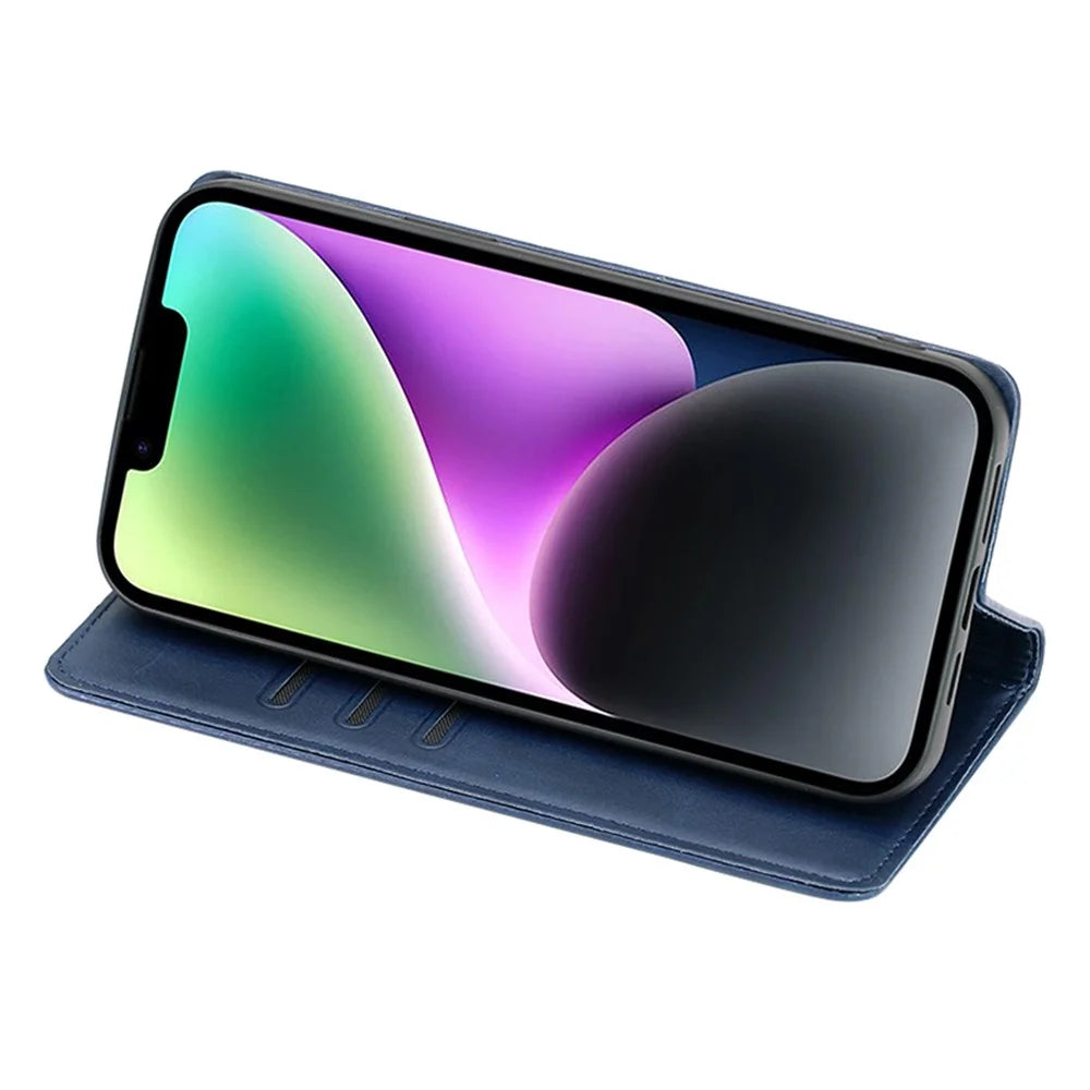 For iPhone 15 Calf Texture Magnetic Closing Cover Leather Wallet Stand Phone Case - Sapphire - 3