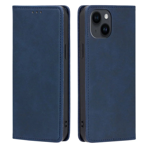 Leather Phone Case for iPhone 15 Plus Calf Texture Wallet Stand Shockproof Cover - Sapphire - 1