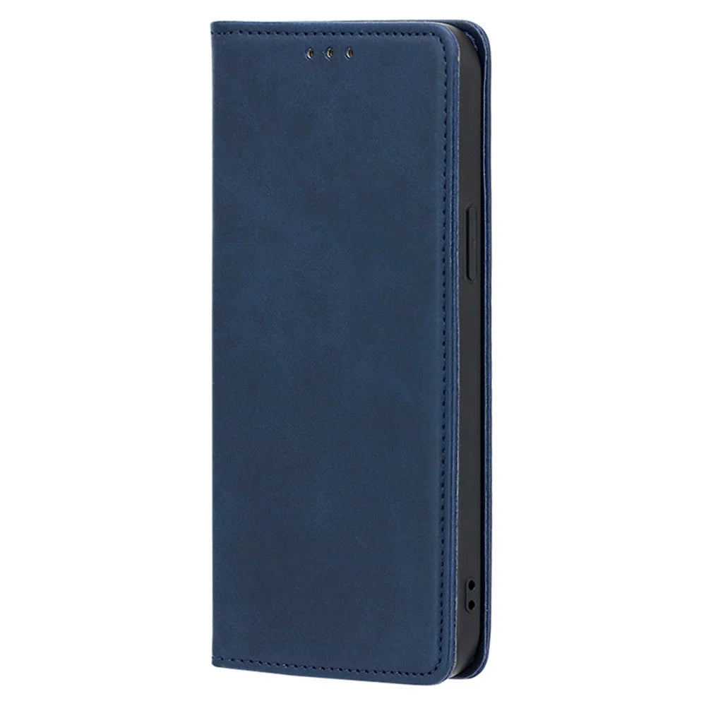 Leather Phone Case for iPhone 15 Plus Calf Texture Wallet Stand Shockproof Cover - Sapphire - 5