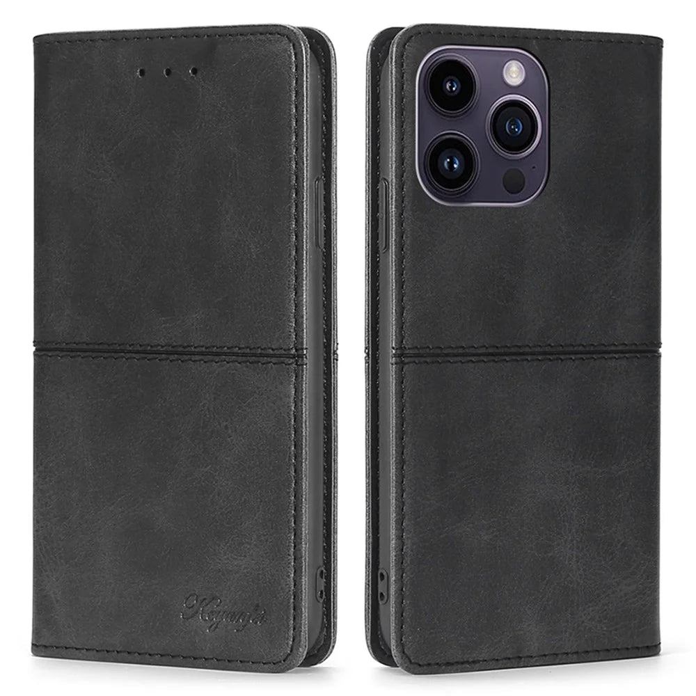 For iPhone 15 Pro Max Cowhide Texture Phone Cover PU Leather Stand Case with Card Slots - Black - 1