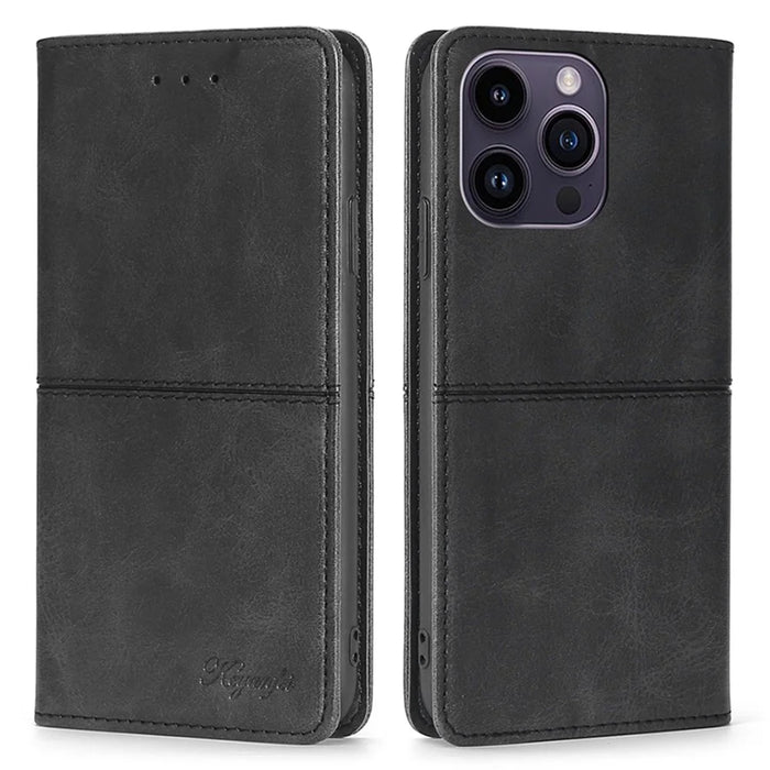 For iPhone 15 Pro Max Cowhide Texture Phone Cover PU Leather Stand Case with Card Slots - Black - 1