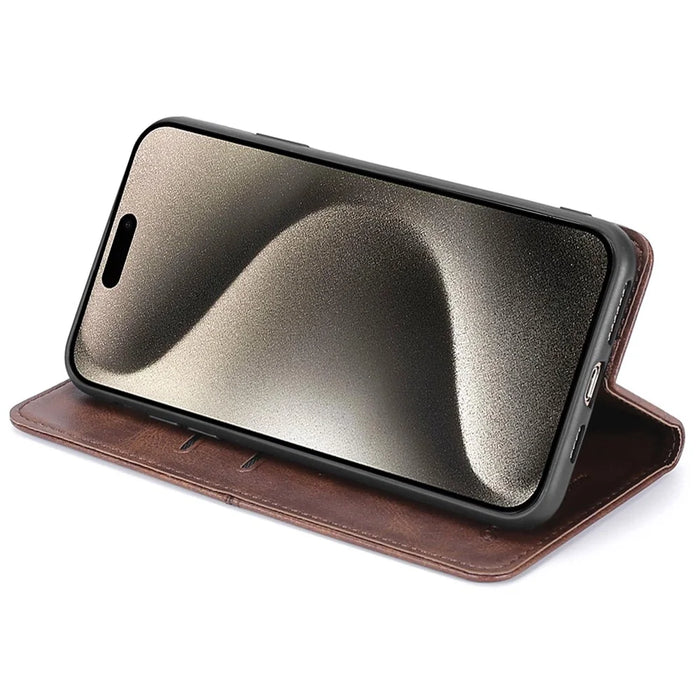 For iPhone 15 Pro Max Cowhide Texture Phone Cover PU Leather Stand Case with Card Slots - Black - 3