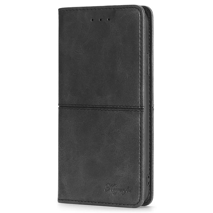 For iPhone 15 Pro Max Cowhide Texture Phone Cover PU Leather Stand Case with Card Slots - Black - 7